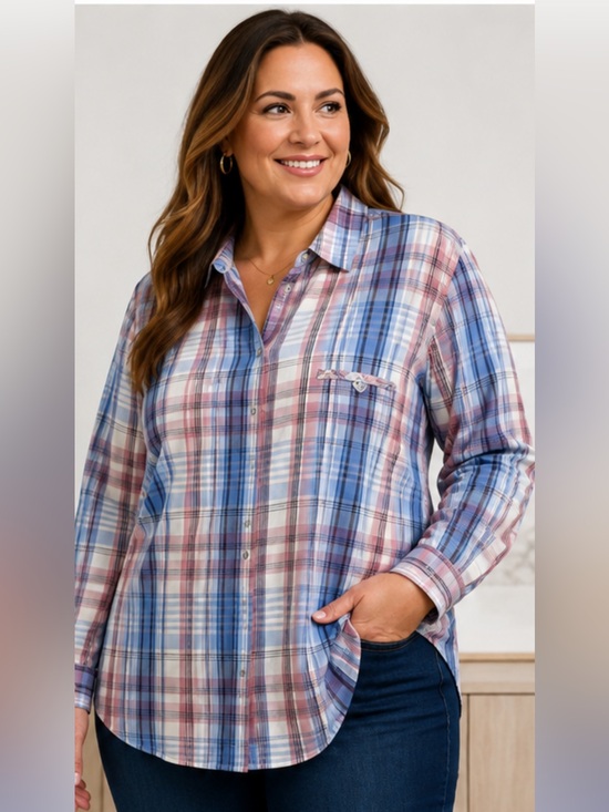 Alison Daley Tops - Alison Daley Women’s 18W Blue & Pink Plaid Button-Front Blouse